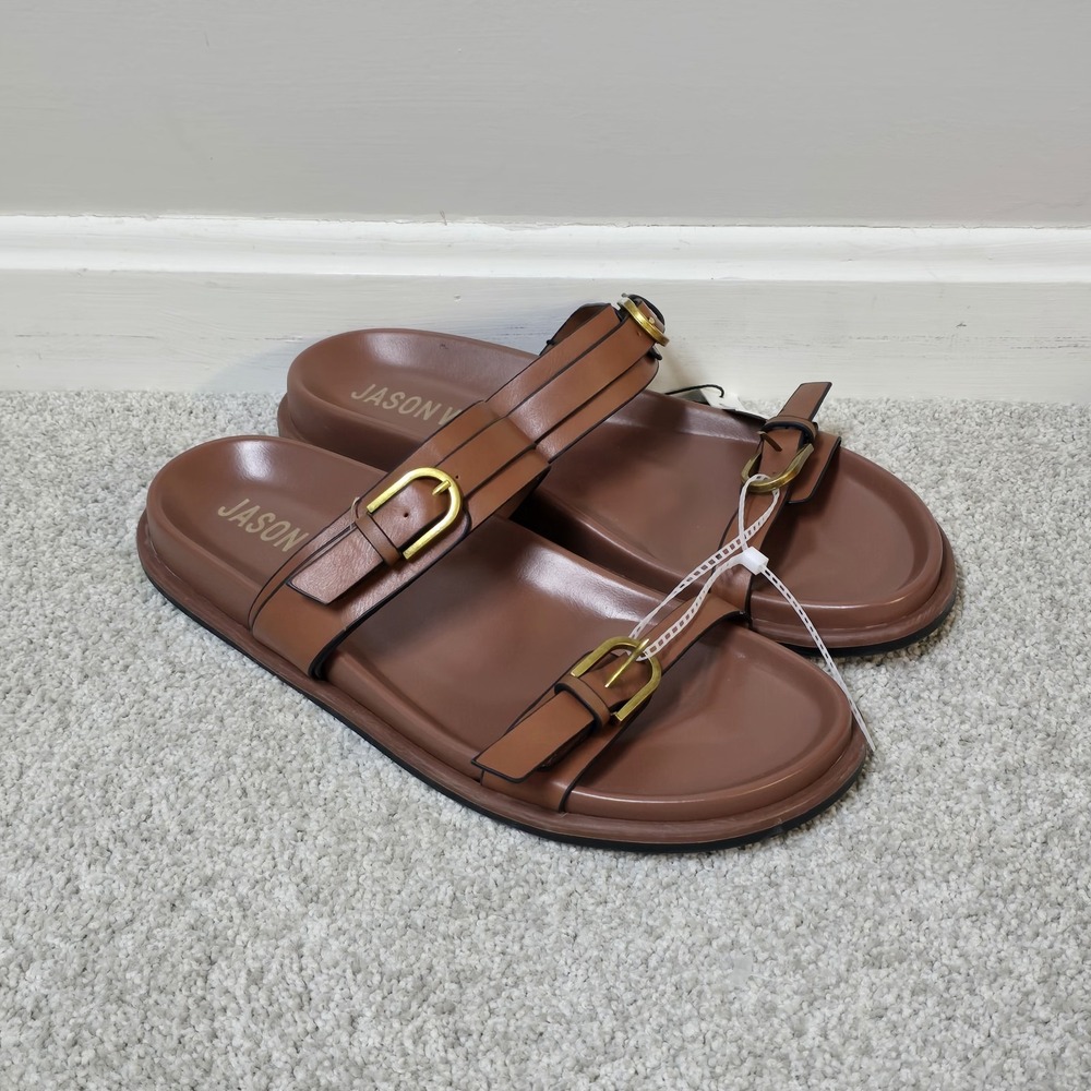 Jason Wu Women's Brown‎ Double Gold Buckle Slide Sandals Sz 9 Casual Slip-On